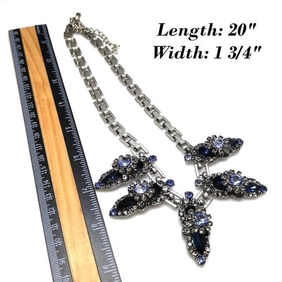 Vintage Blue Five Pendant Floral Statement Necklace, Rivoli Rhinestones, 20 Inch - Picture 8 of 8